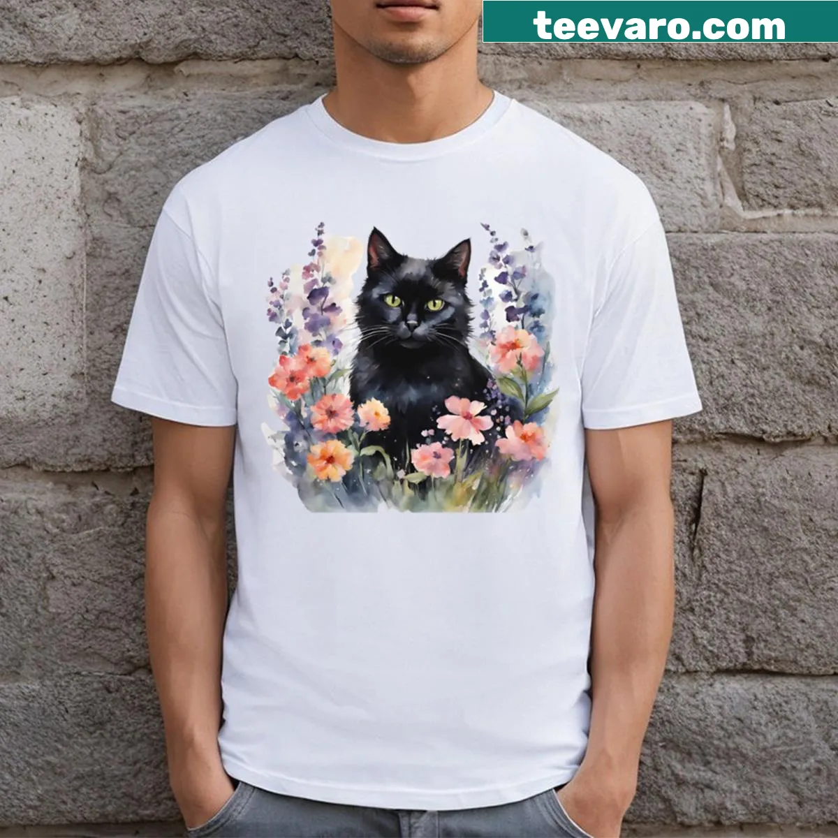 Cute T-shirt featuring a black cat surrounded by flowers — on a men's t-shirt