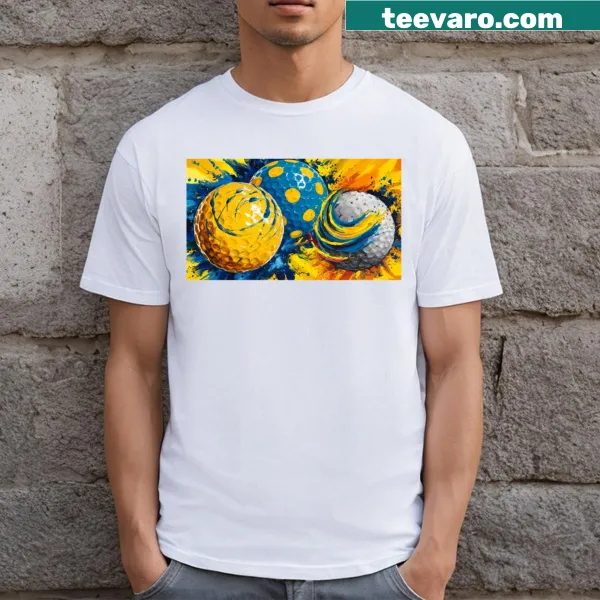 Golf-themed shirt featuring bold blue and yellow golf balls