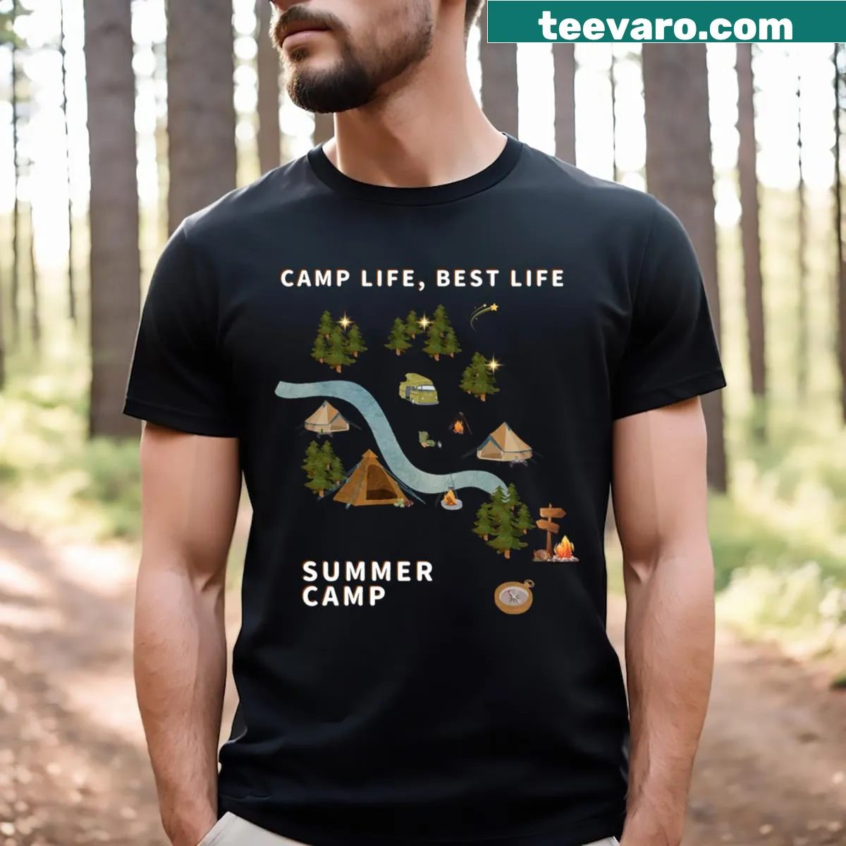 Funny camping-themed t-shirt with humorous text — on a men's t-shirt