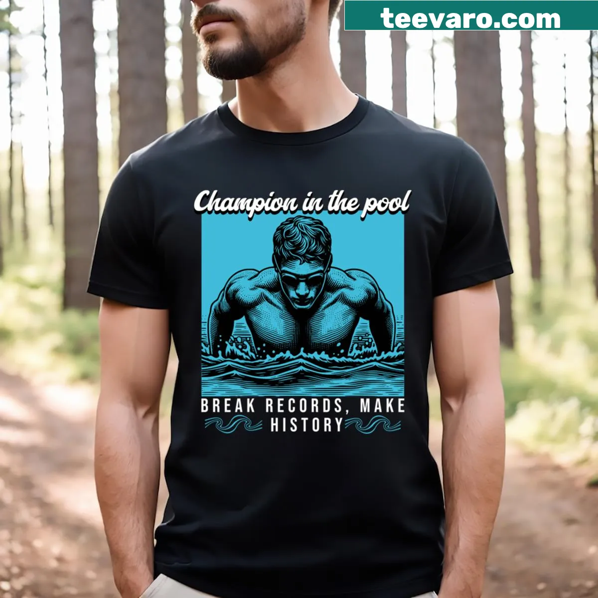 Motivational swimming t-shirt with champion theme and inspiring text — on a men's t-shirt