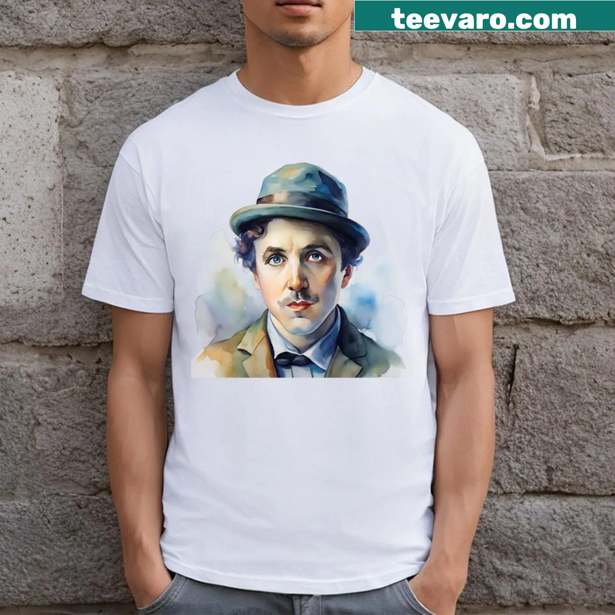 Watercolor portrait of Charlie Chaplin on a t-shirt — on a men's t-shirt