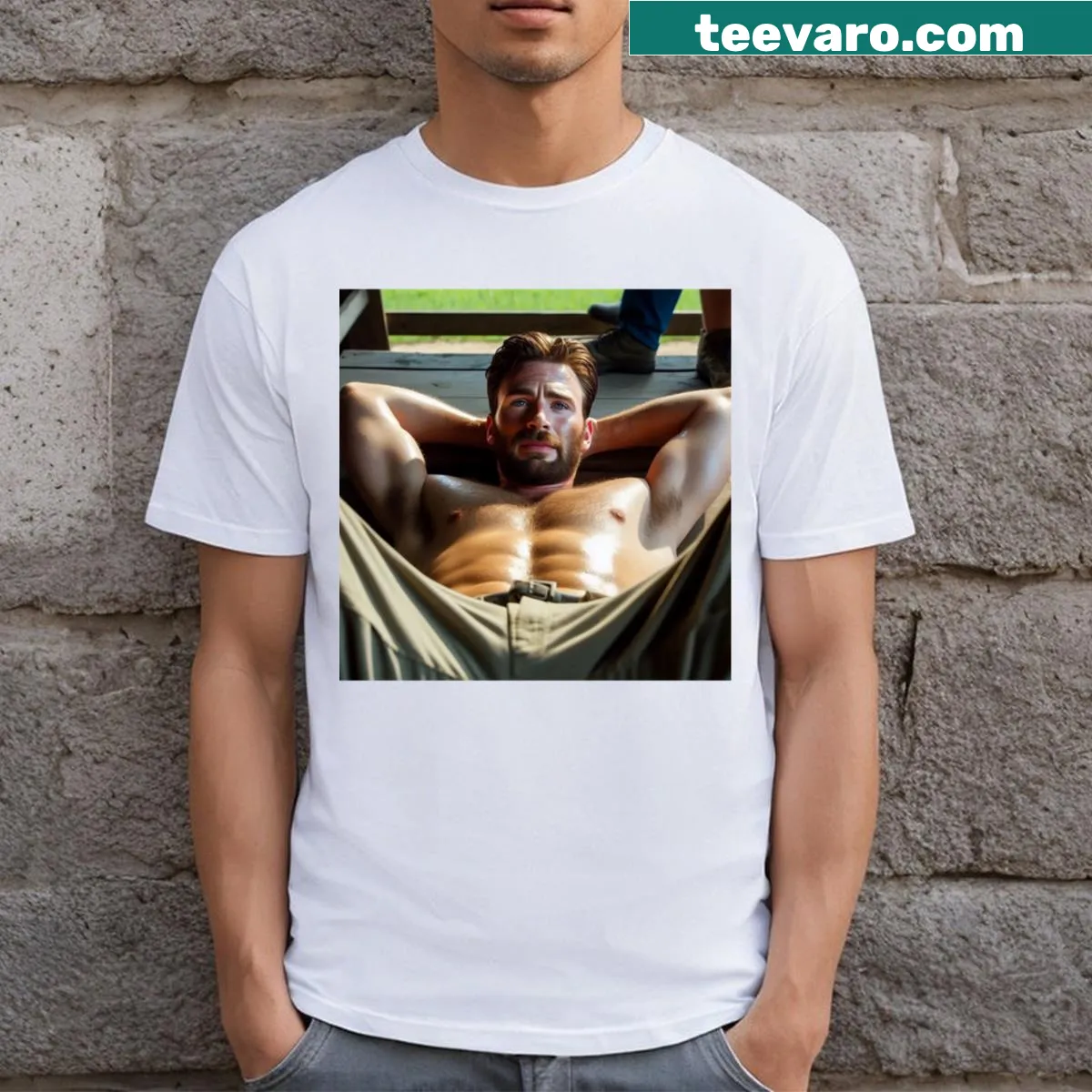 Funny text T-shirt featuring Chris Evans — on a men's t-shirt
