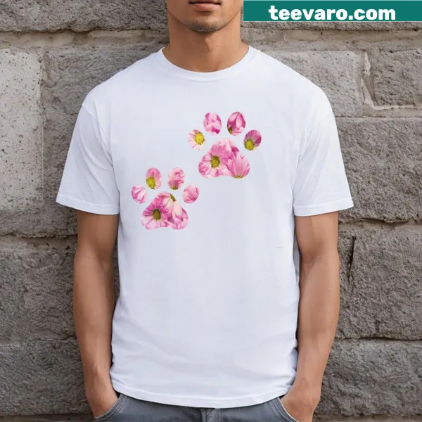Illustrated T-shirt with dog paw prints and flowers