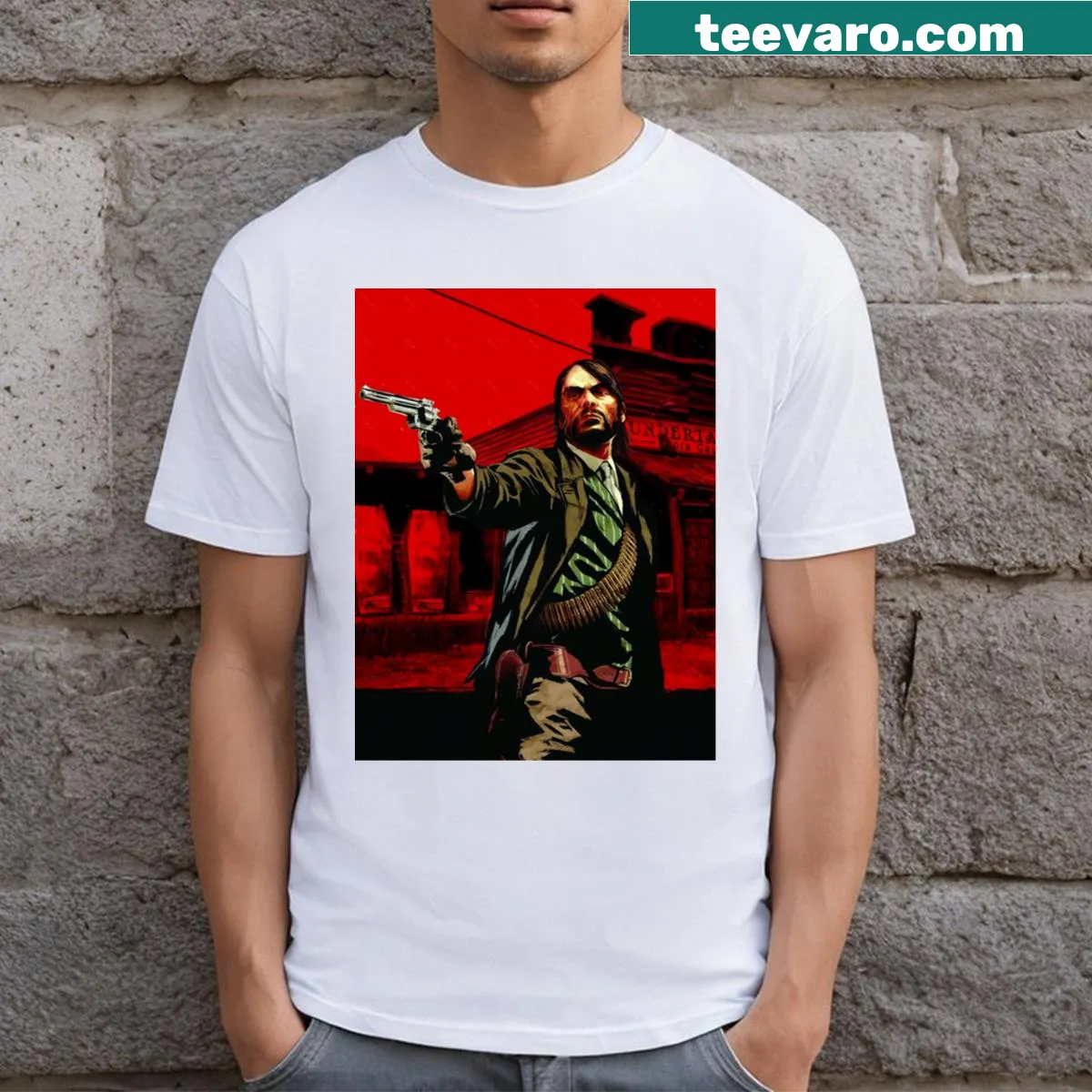 Graphic T-shirt featuring artwork from Red Dead Redemption 1 and 2 — on a men's t-shirt