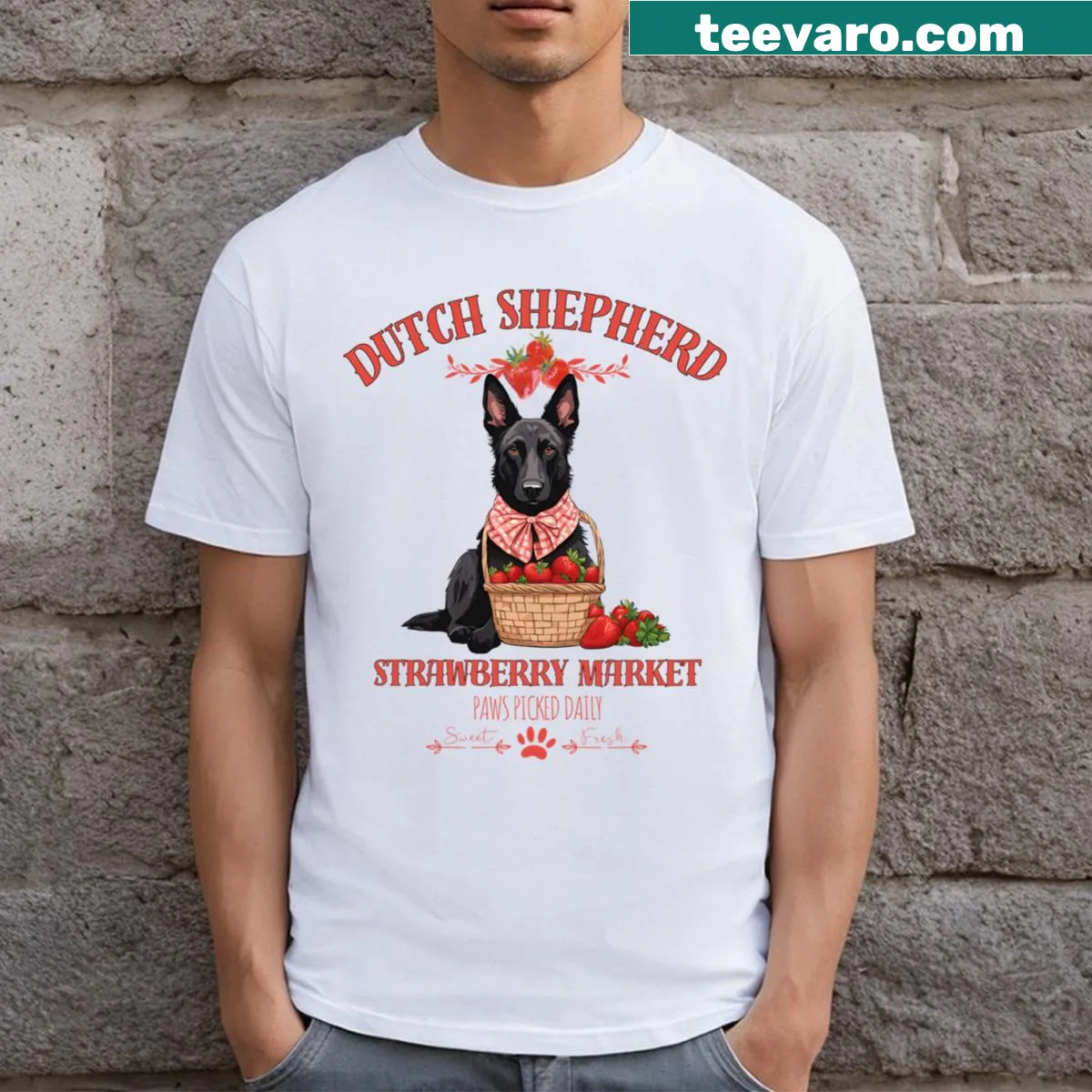 T-shirt with cute dog and strawberry market illustration — on a men's t-shirt