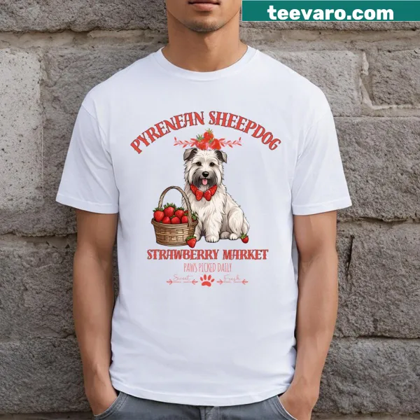 Cute Pyrenean Shepherd graphic with strawberries on a T-shirt