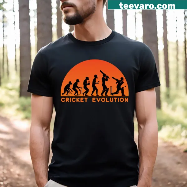 Illustrative Cricket Evolution t-shirt depicting the sport's journey