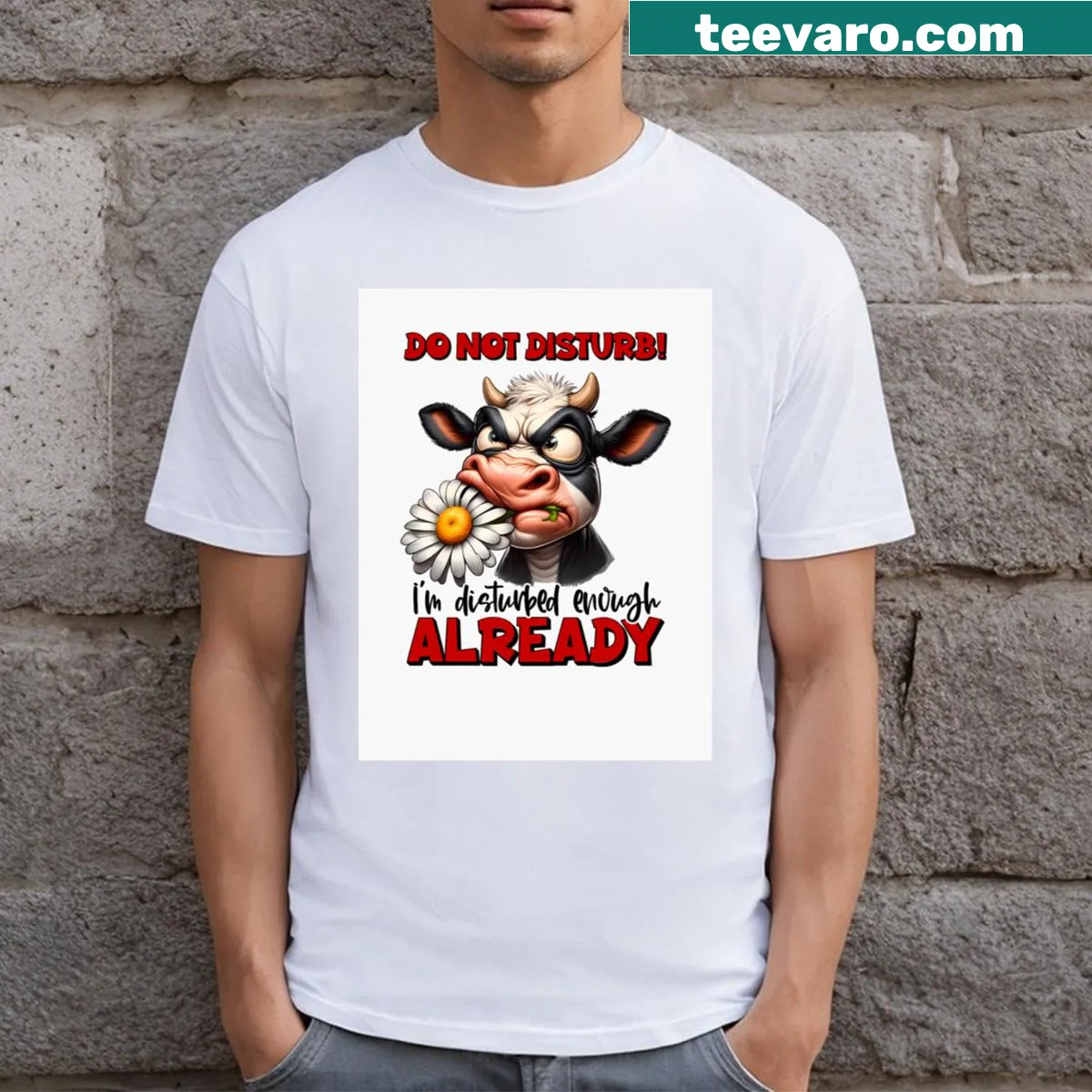 Playful cow graphic with 'Do Not Disturb' text on a t-shirt — on a men's t-shirt