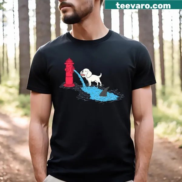 Funny T-shirt featuring a cartoon dog, fire hydrant, and shark theme.