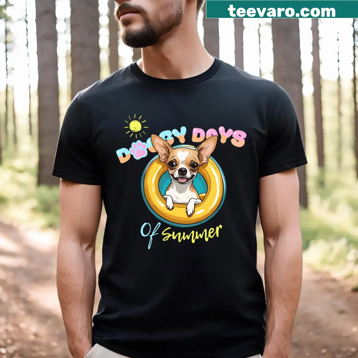 Chihuahua in a swimming ring on a summer-themed t-shirt — on a men's t-shirt