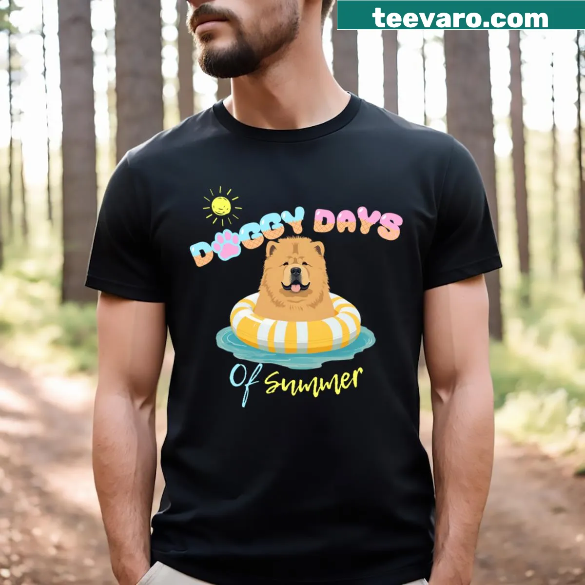 Chow Chow in a swimming ring on a summer-themed t-shirt — on a men's t-shirt