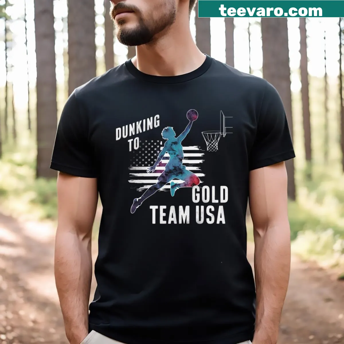Graphic of a dunking basketball player representing Team USA — on a men's t-shirt