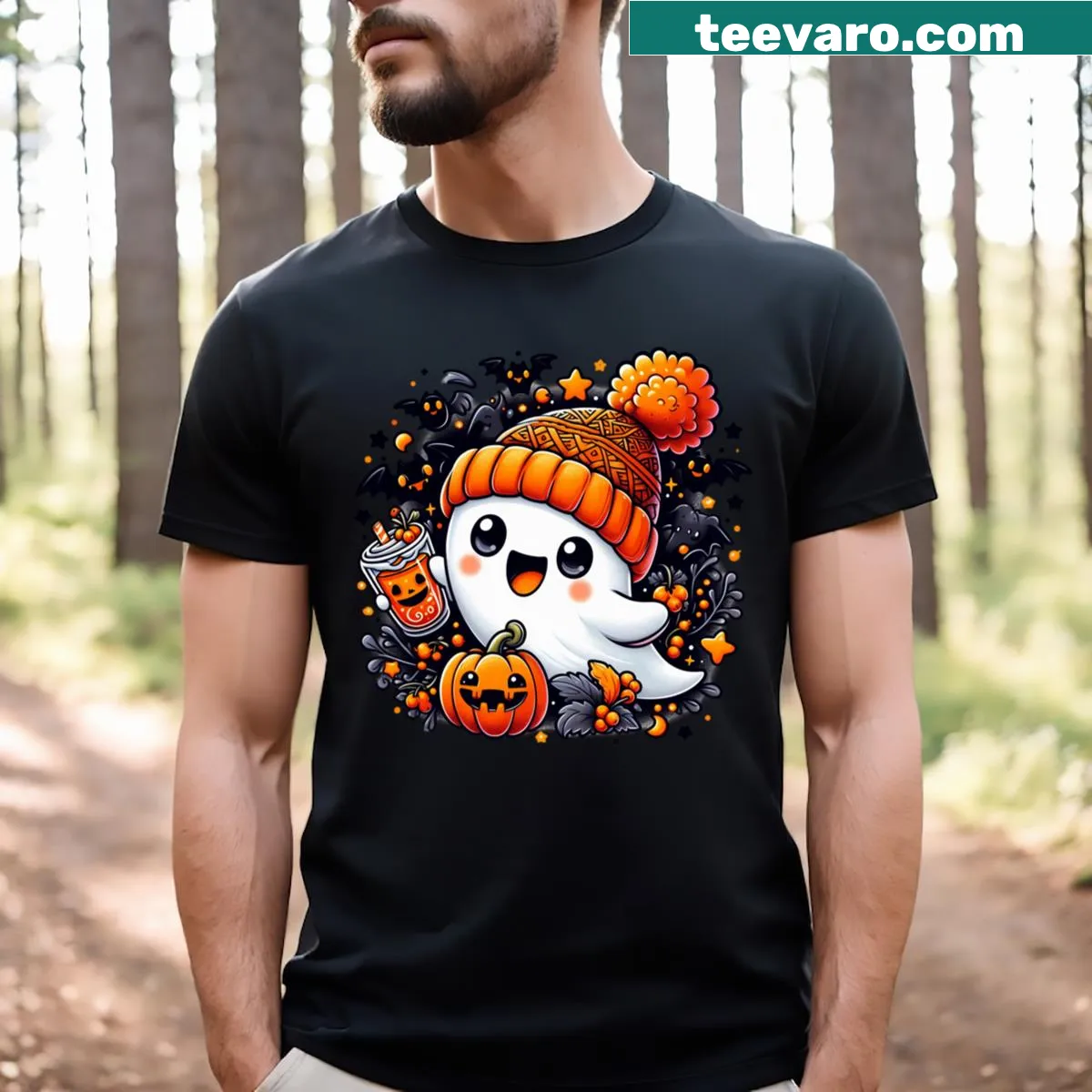 Cartoon ghost t-shirt with 'Boo!' text, humorous design — on a men's t-shirt