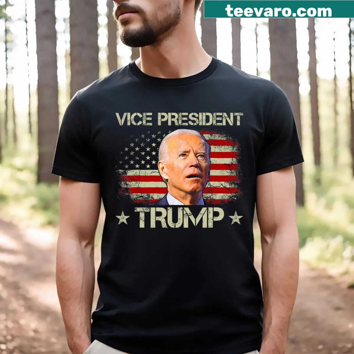Funny Joe Biden and Trump 2024 T-shirt with American flag motif — on a men's t-shirt