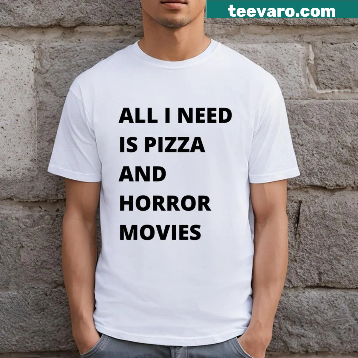 Funny pizza and horror movies T-shirt with illustrations — on a men's t-shirt