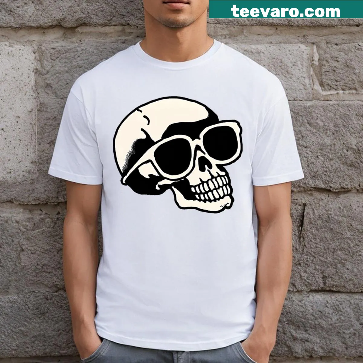 Halloween t-shirt featuring a funny skull wearing sunglasses — on a men's t-shirt
