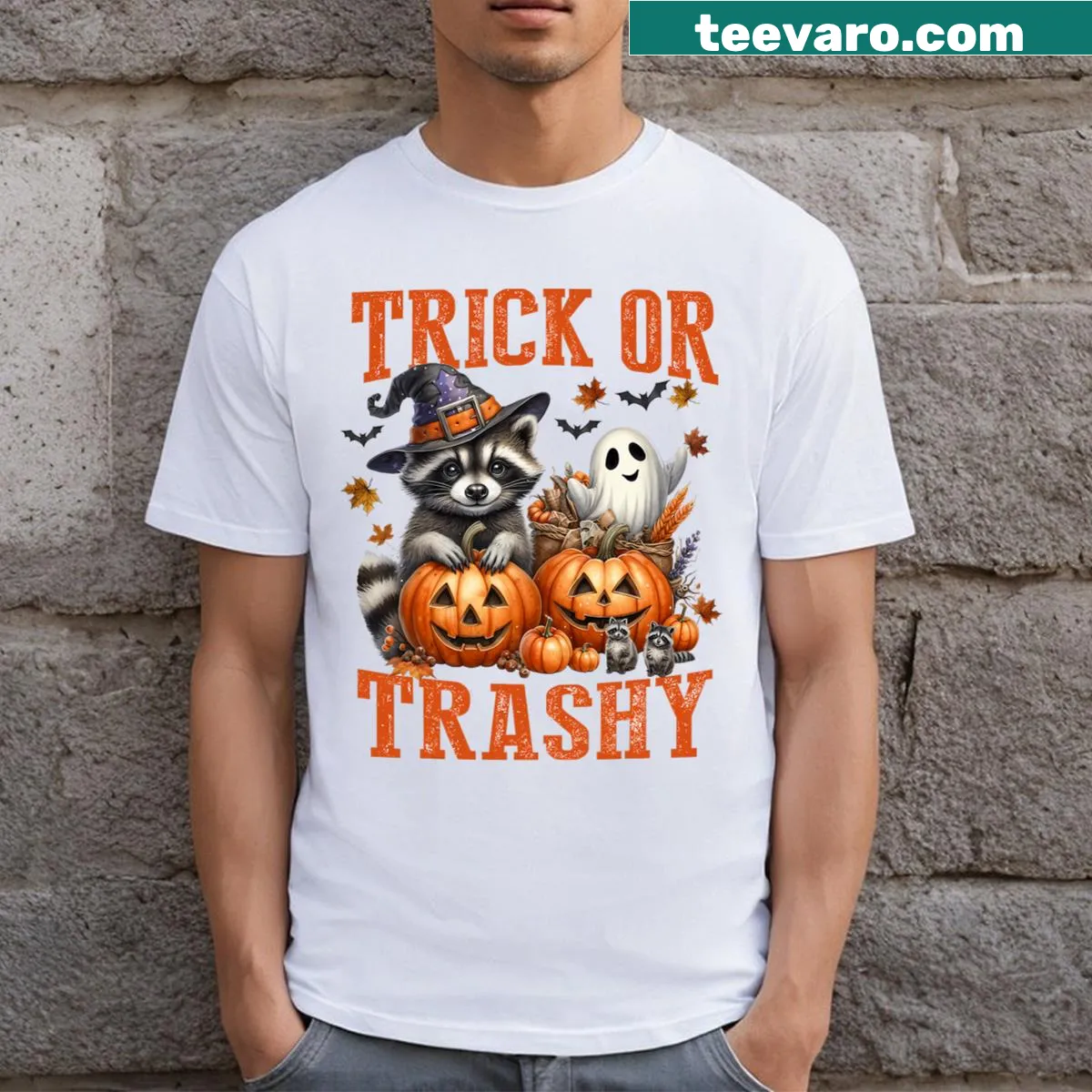 Halloween t-shirt featuring a raccoon witch and ghosts — on a men's t-shirt