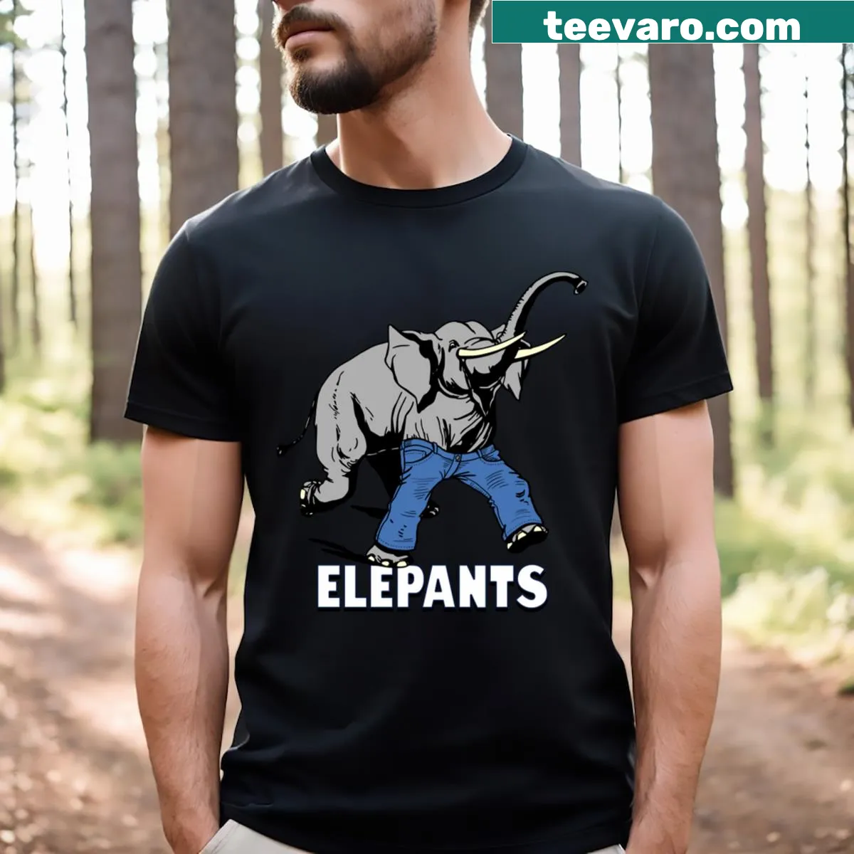 Funny vintage elephant wearing pants T-shirt — on a men's t-shirt
