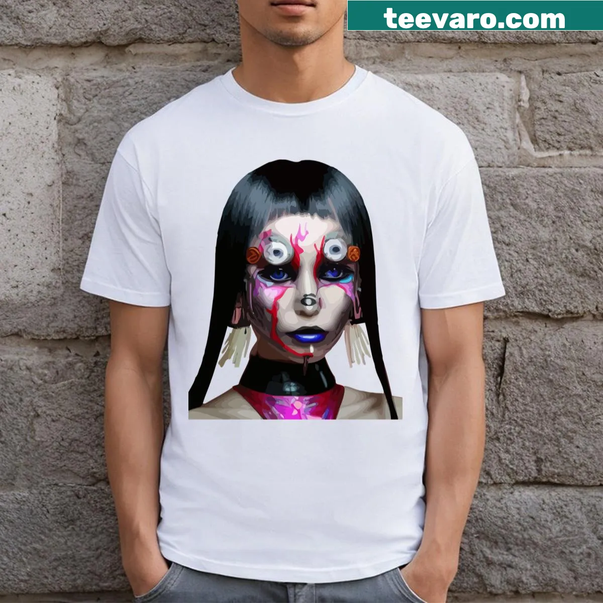 Illustrated T-shirt featuring a cyber geisha model — on a men's t-shirt