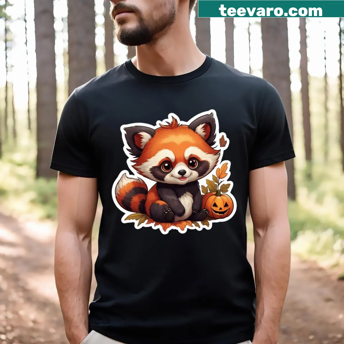 Cute Halloween t-shirt with a cartoon red panda design — on a men's t-shirt