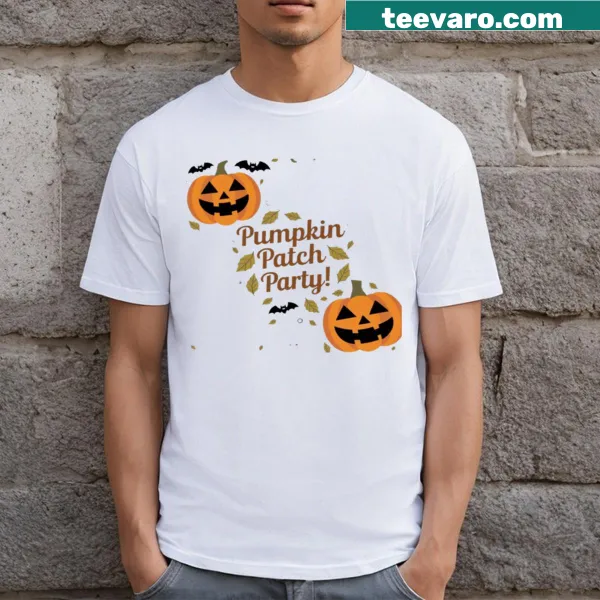 Whimsical pumpkin patch illustration on a Halloween T-shirt.