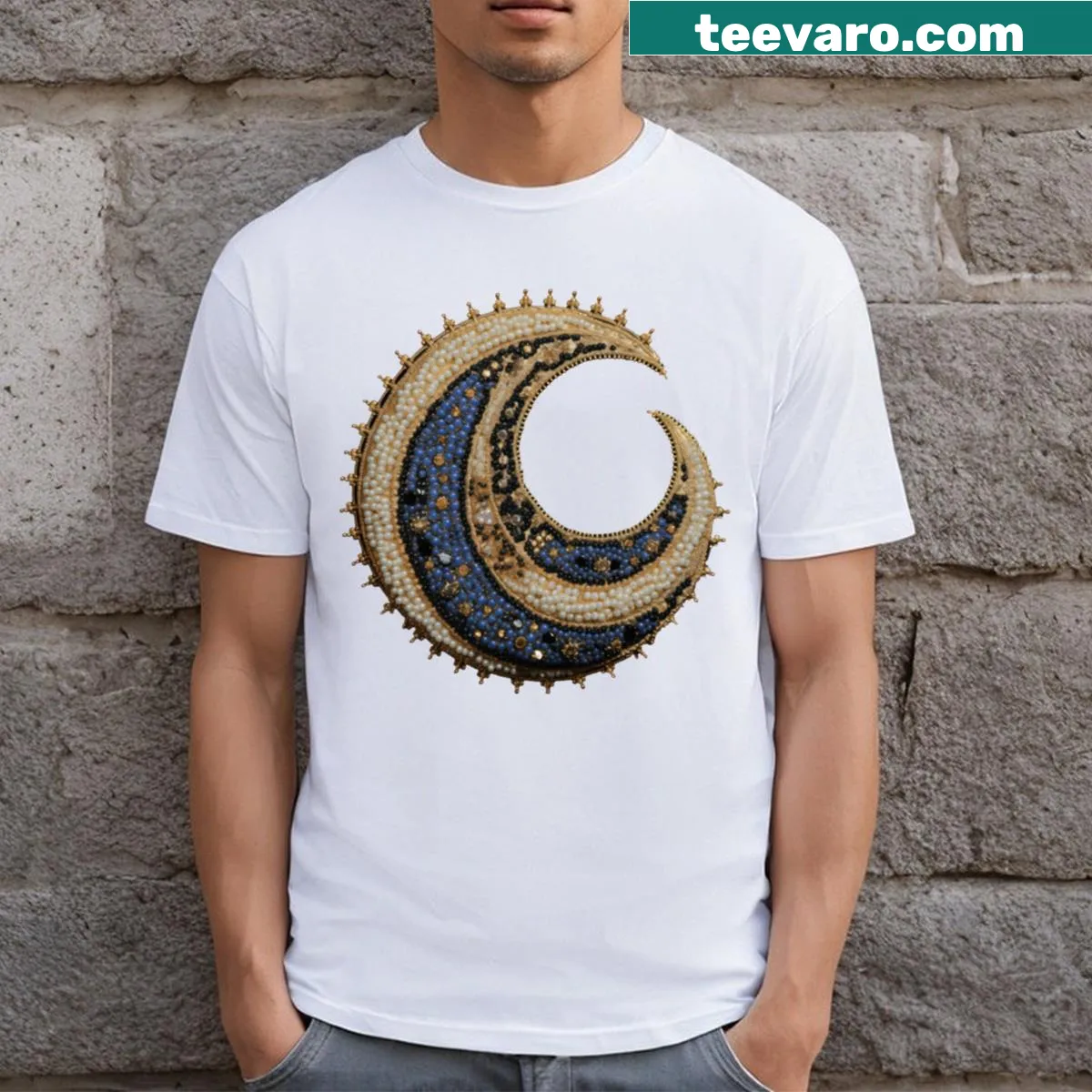 Artistic moon design on hand-lettered t-shirt — on a men's t-shirt