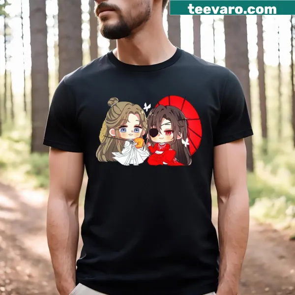 Chibi illustration T-shirt inspired by Heaven Official's Blessing, featuring cute characters.