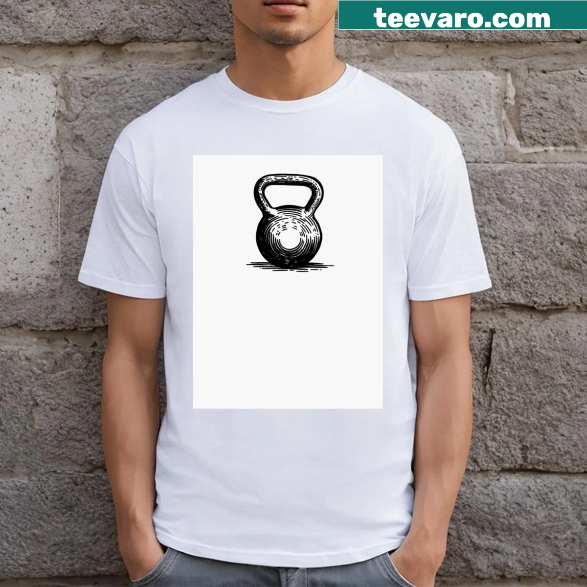 Fitness T-shirt featuring a kettlebell graphic, perfect for gym enthusiasts. — on a men's t-shirt