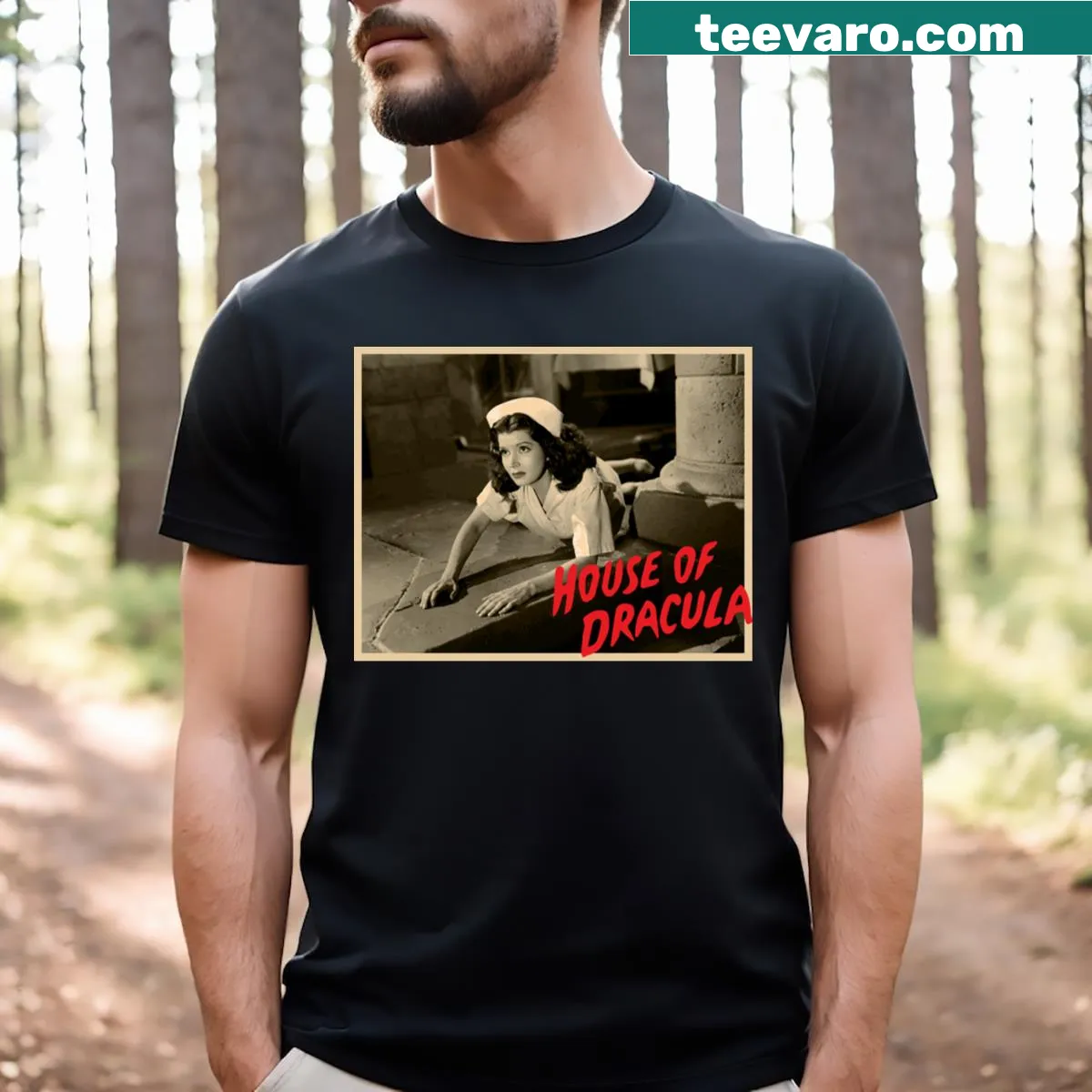 Vintage-style House of Dracula t-shirt with gothic castle design — on a men's t-shirt