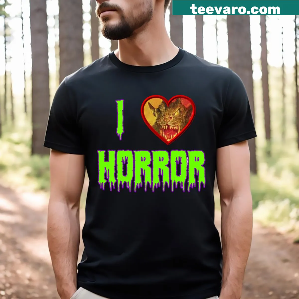 Graphic T-shirt expressing love for horror movies — on a men's t-shirt