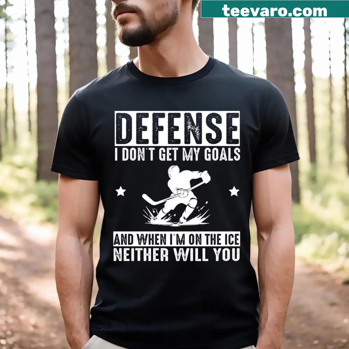 Humorous T-shirt design for hockey players and fans, focusing on defensemen. — on a men's t-shirt