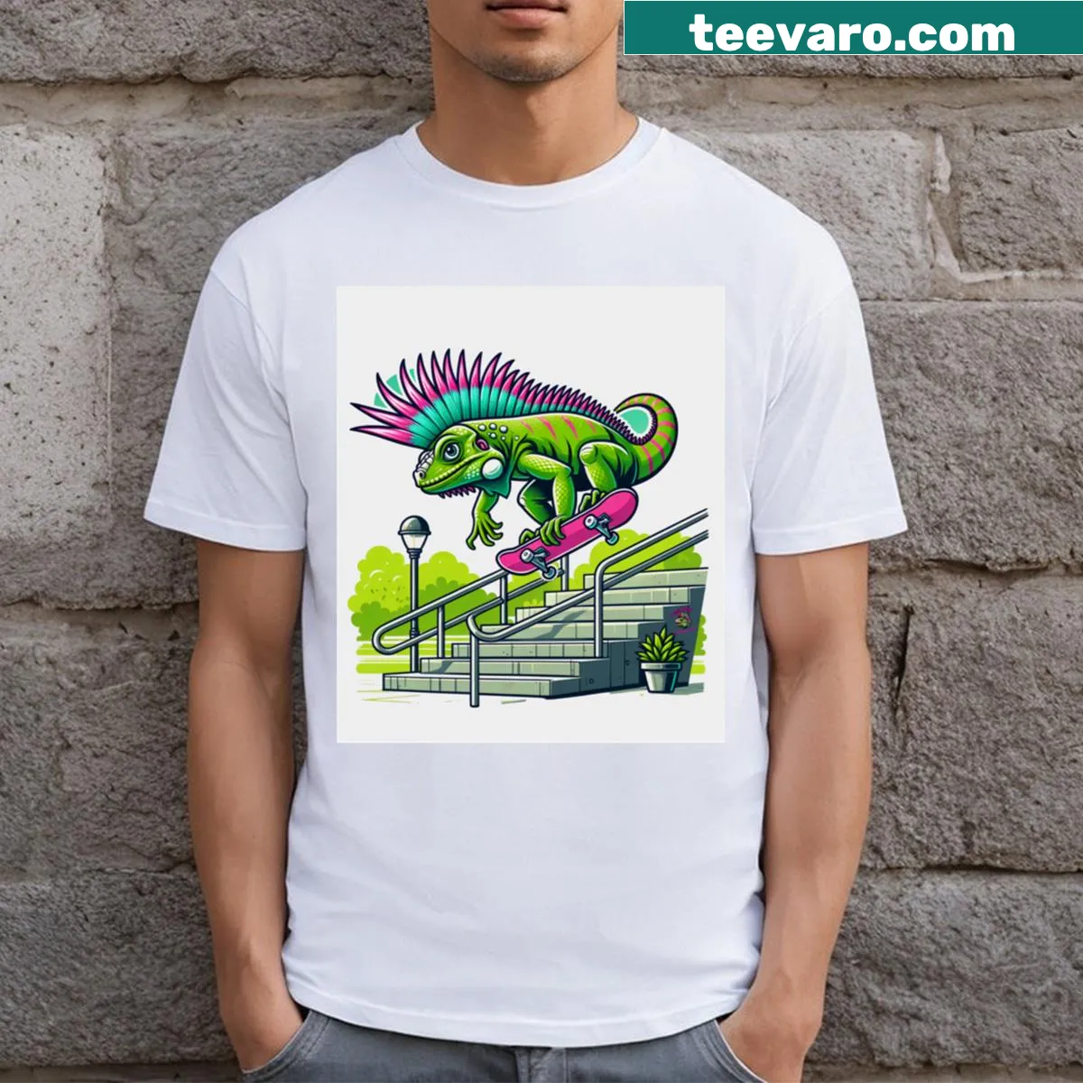 Cartoon iguana playing sports in a playful design — on a men's t-shirt