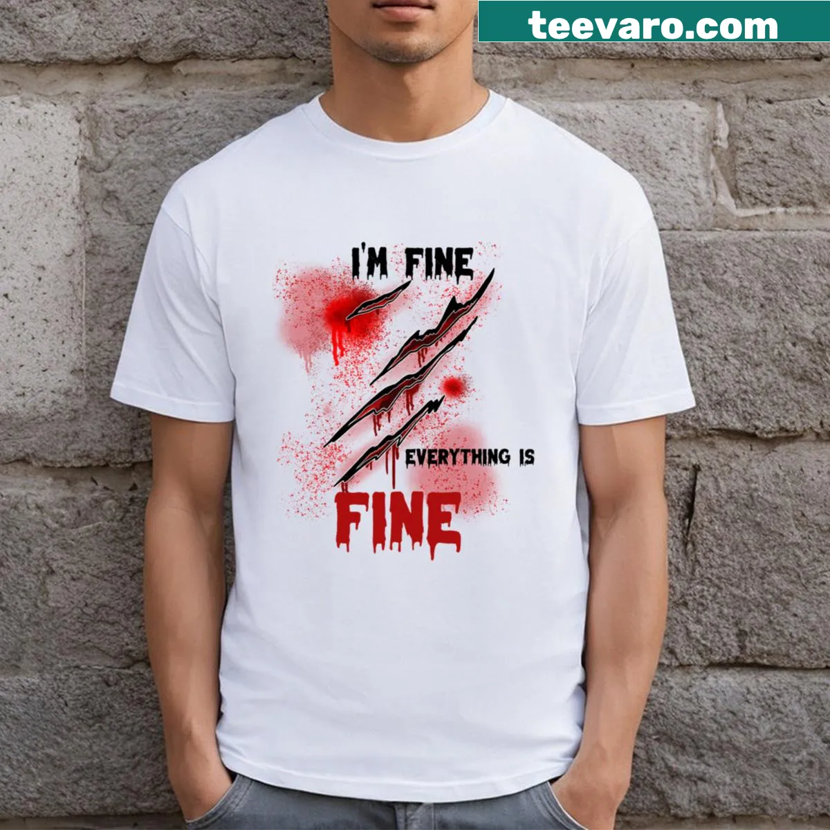 Retro horror-themed t-shirt with 'I'm Fine, Everything Is Fine' text — on a men's t-shirt