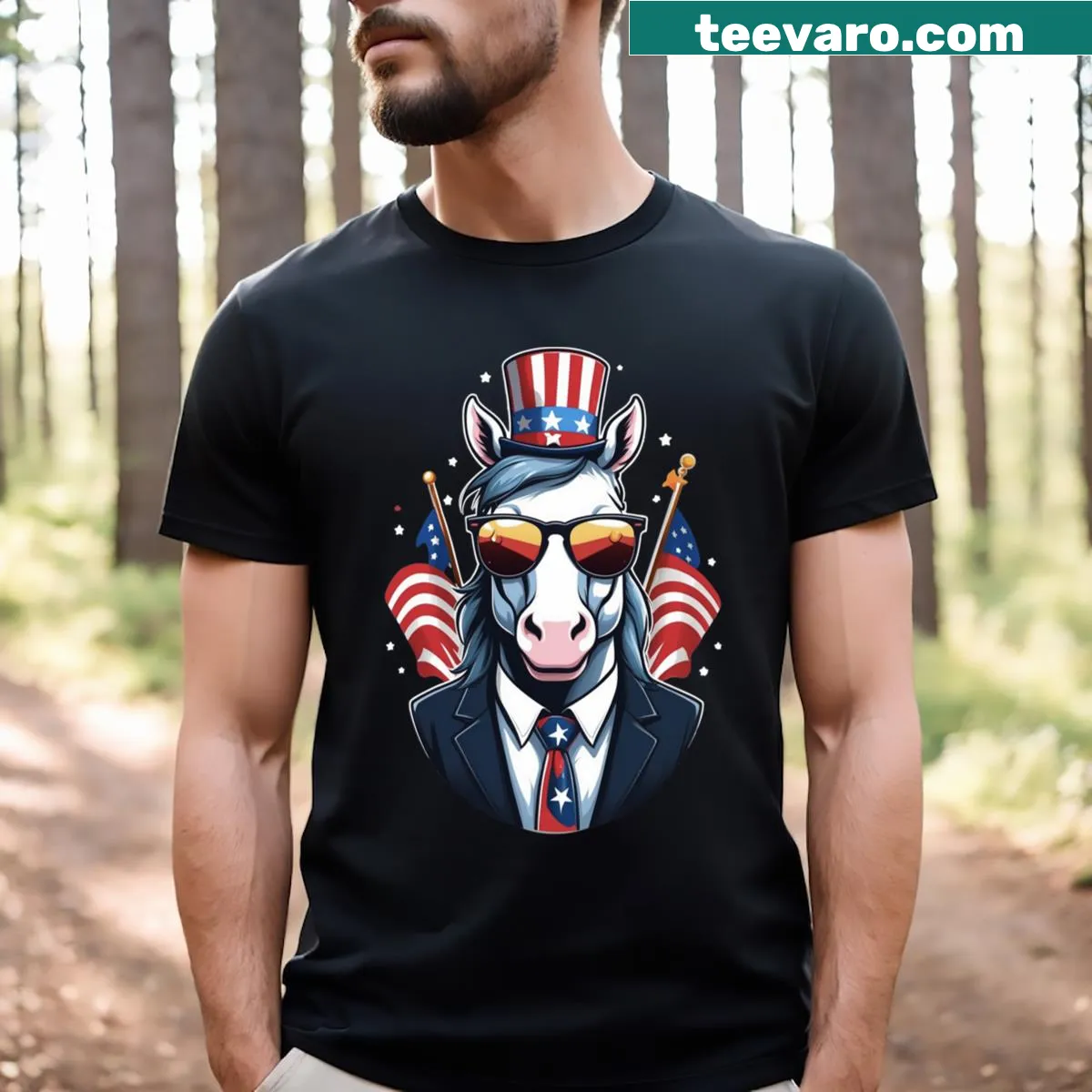 Patriotic T-shirt featuring a unicorn design celebrating Independence Day — on a men's t-shirt