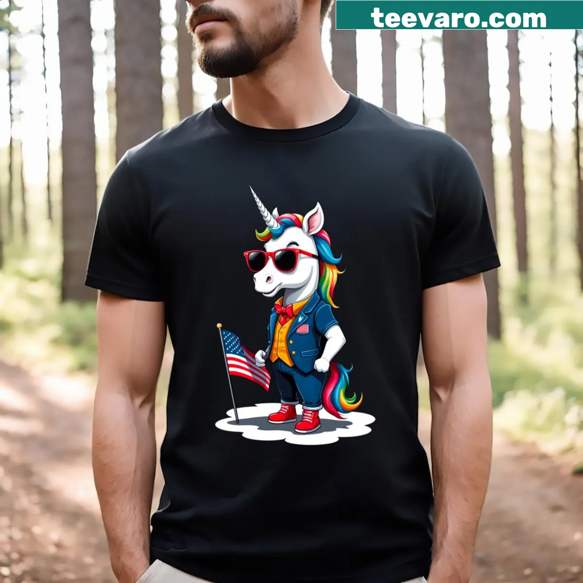 Unicorn wearing USA flag celebrating Independence Day — on a men's t-shirt