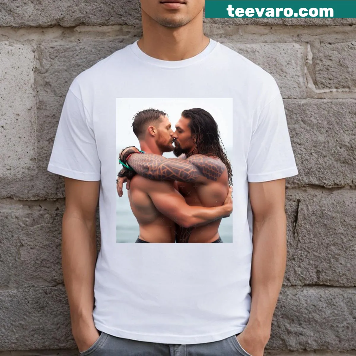 T-shirt featuring a playful design of Jason Momoa and Tom Hardy — on a men's t-shirt