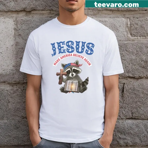 Illustration of a raccoon, cross, and Bible with text about belief.
