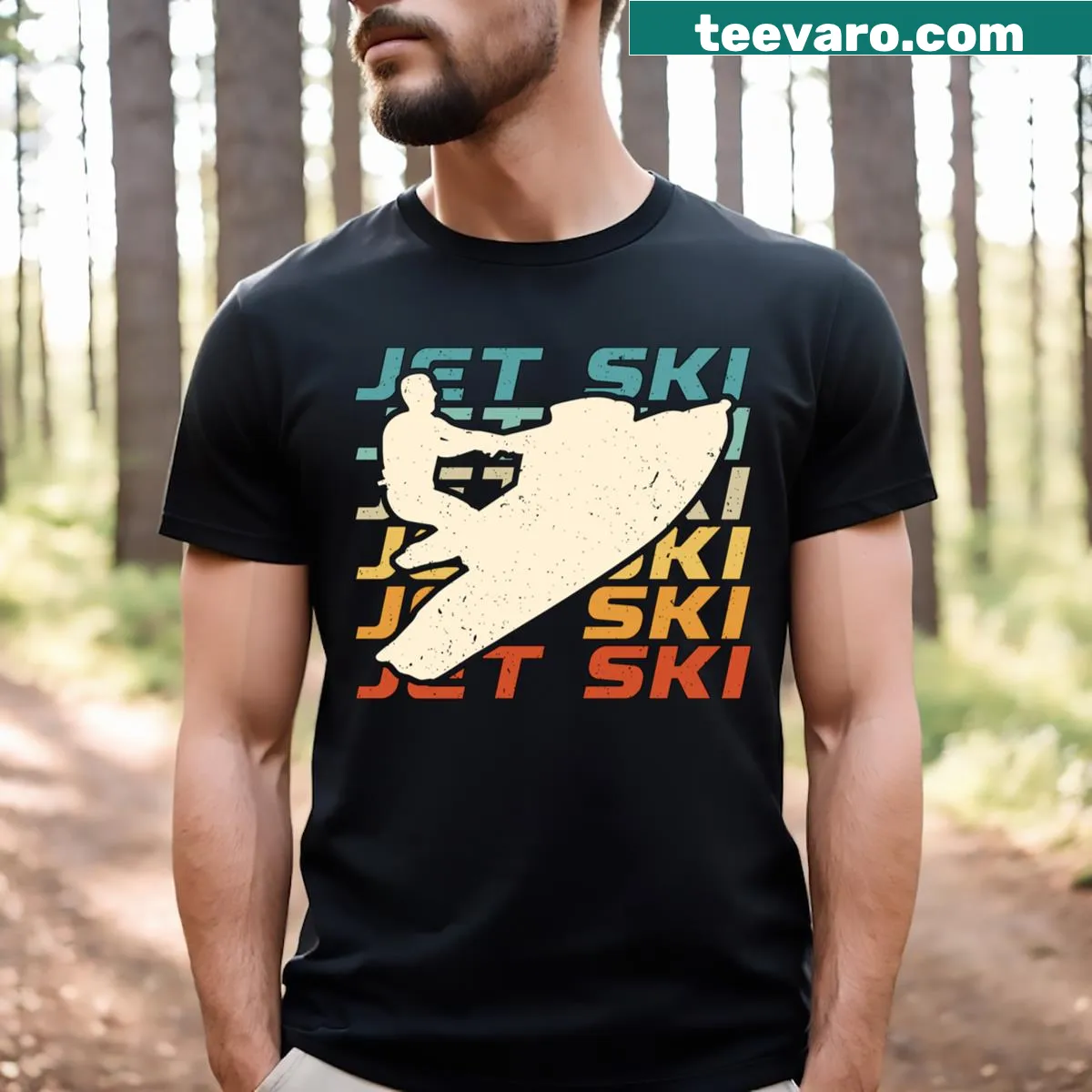 Retro T-shirt featuring dynamic graphics of jet skiing and water sports. — on a men's t-shirt