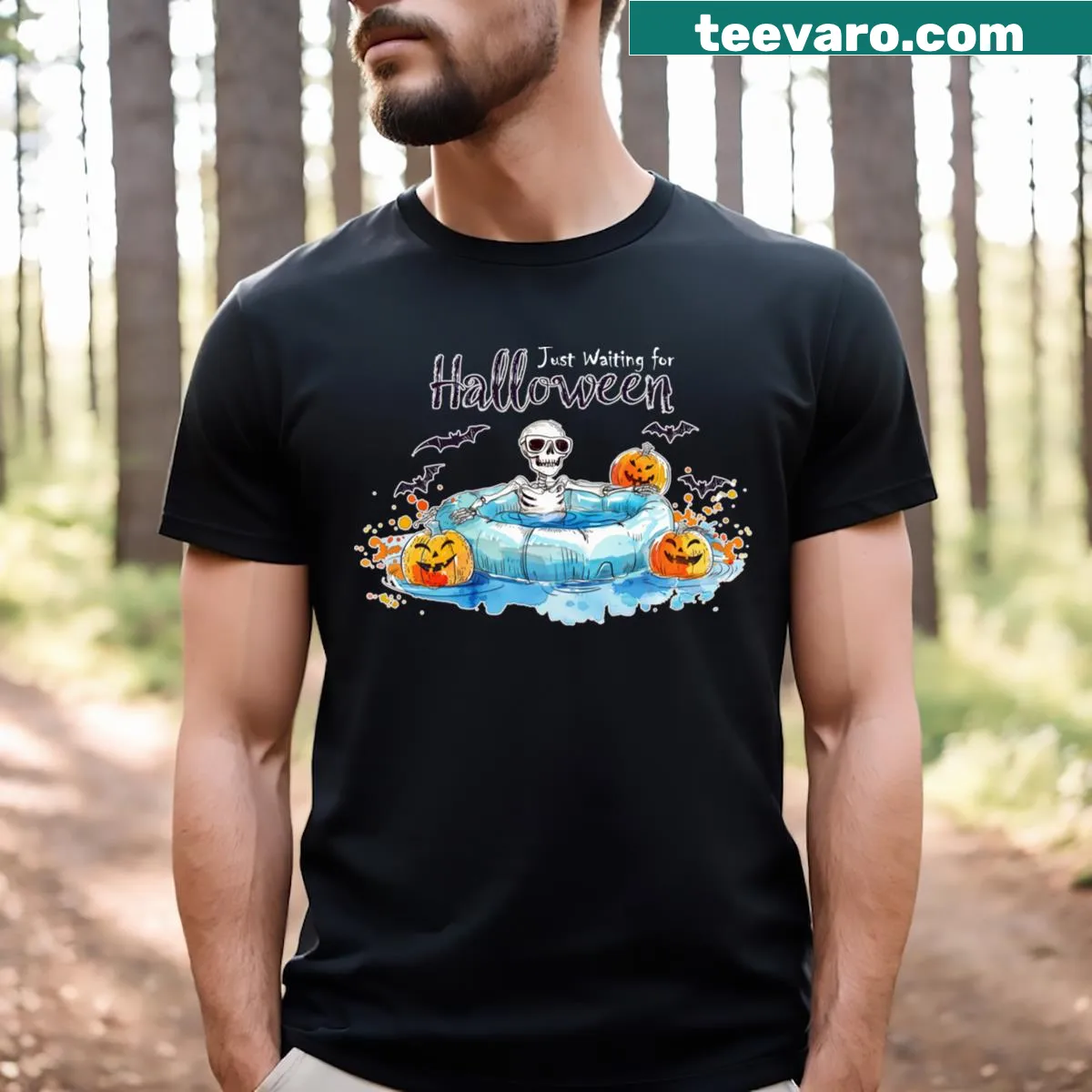 Funny skeleton design proclaiming Just Waiting For Halloween — on a men's t-shirt