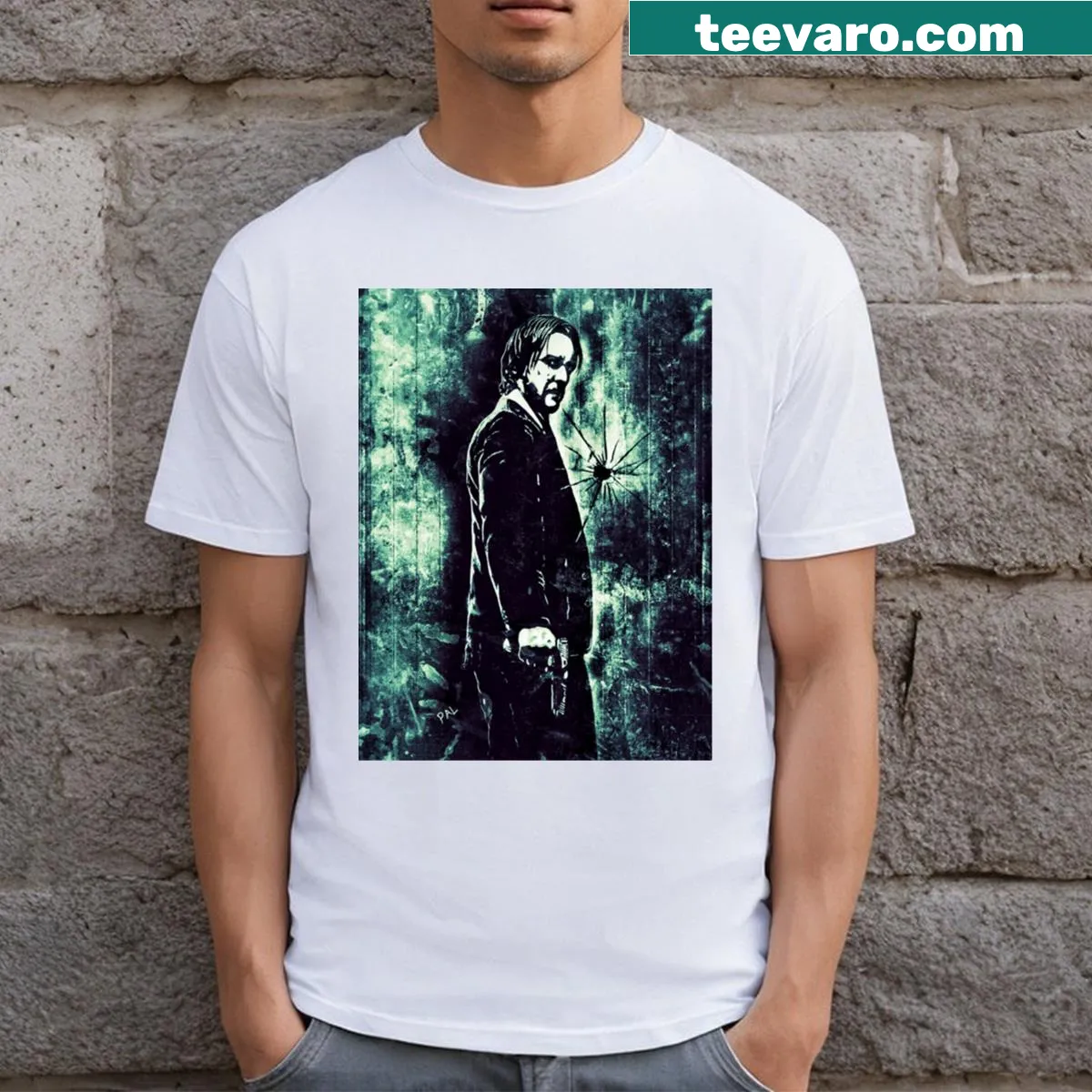 T-shirt featuring a graphic of John Wick inspired by Keanu Reeves — on a men's t-shirt