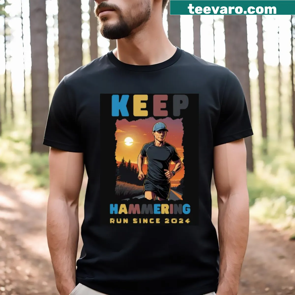 Inspirational T-shirt featuring the phrase Keep Hammering — on a men's t-shirt