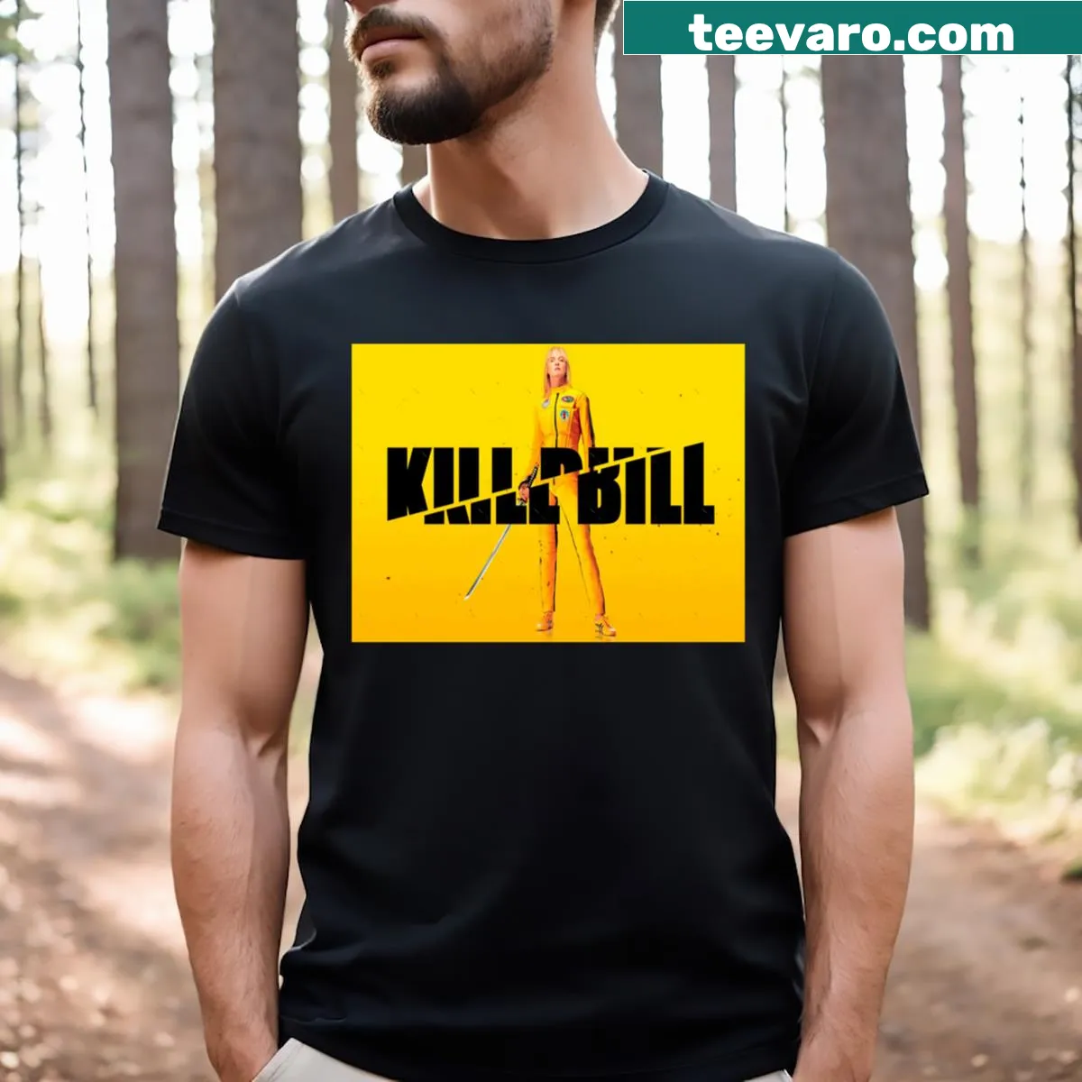 Graphic T-shirt inspired by the Kill Bill film featuring iconic imagery. — on a men's t-shirt