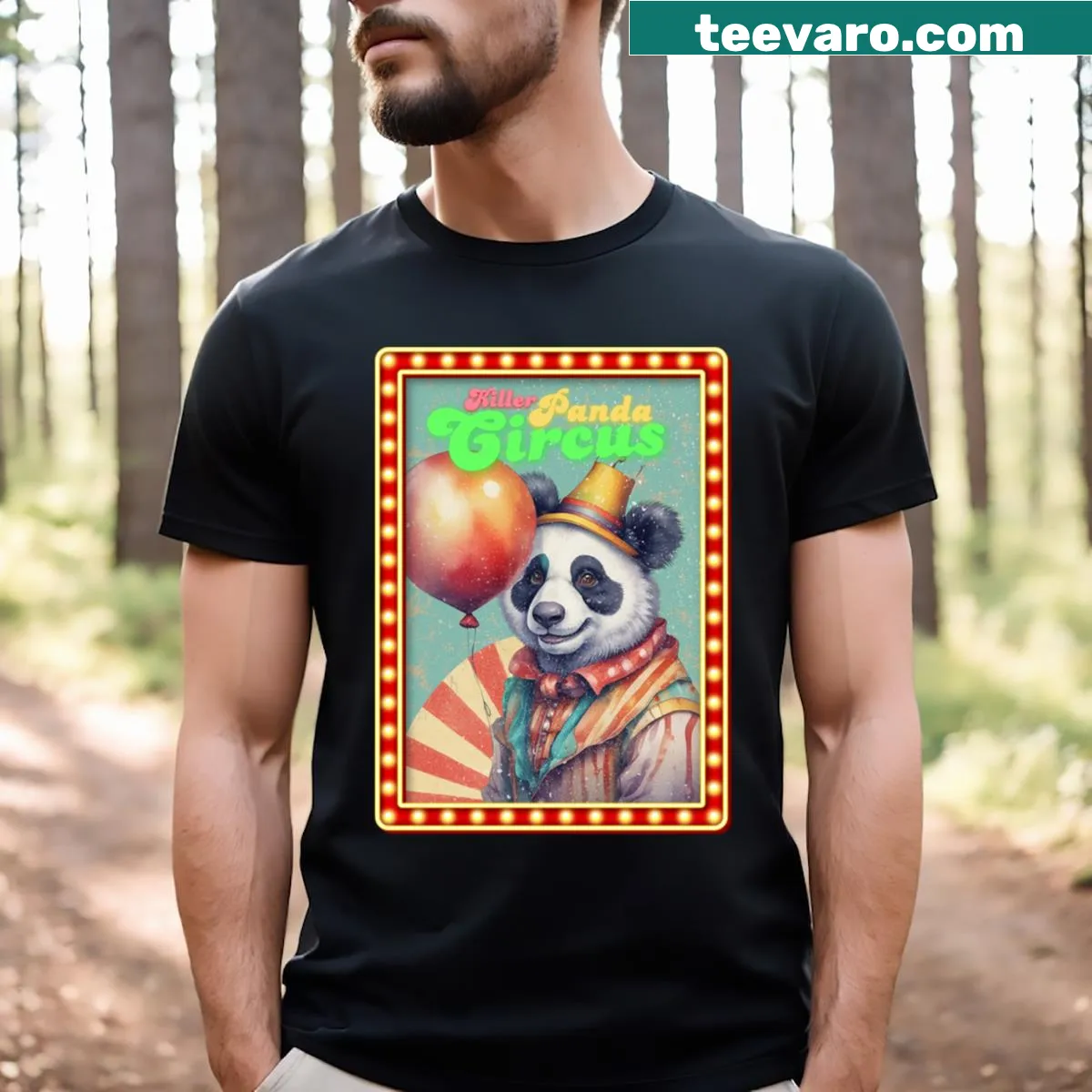 T-shirt featuring a playful panda in a circus setting. — on a men's t-shirt