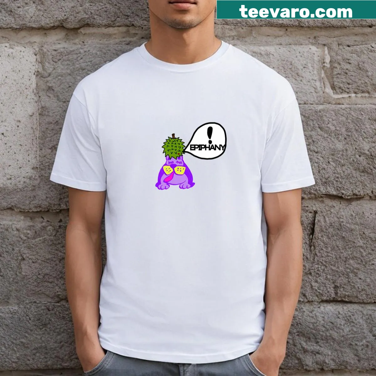 Durian fruit graphic on green T-shirt — on a men's t-shirt