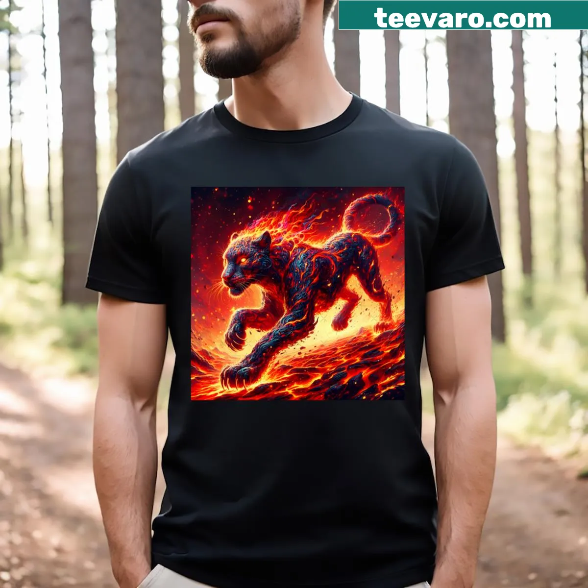 AI-generated leopard graphic T-shirt with lava elements. — on a men's t-shirt
