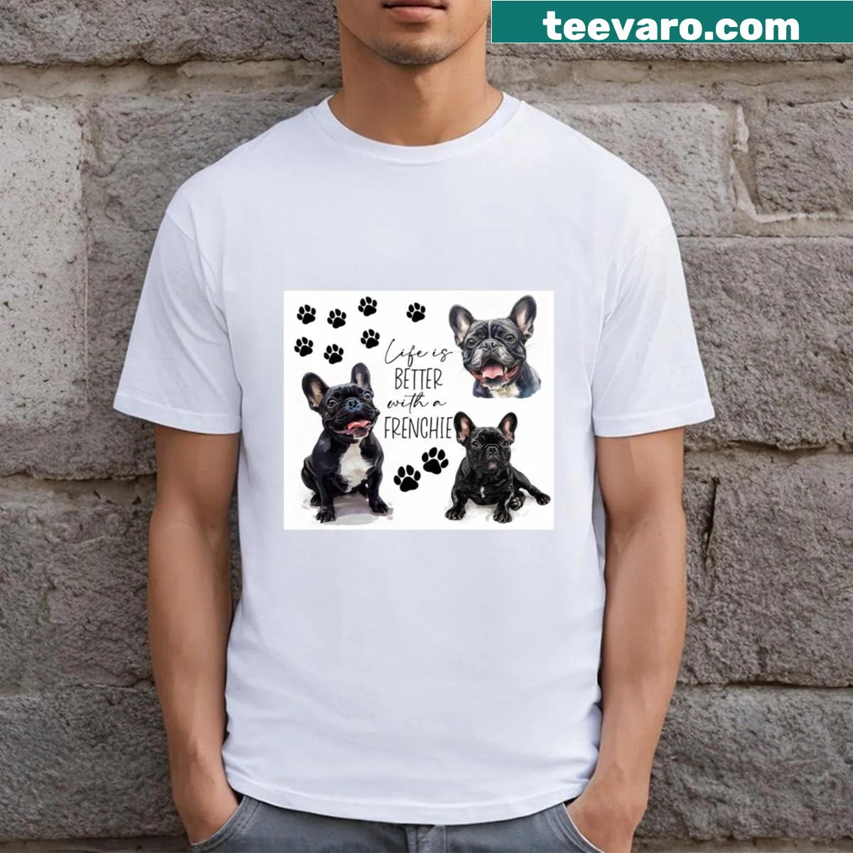 Quote about French Bulldogs with paw prints on a t-shirt — on a men's t-shirt