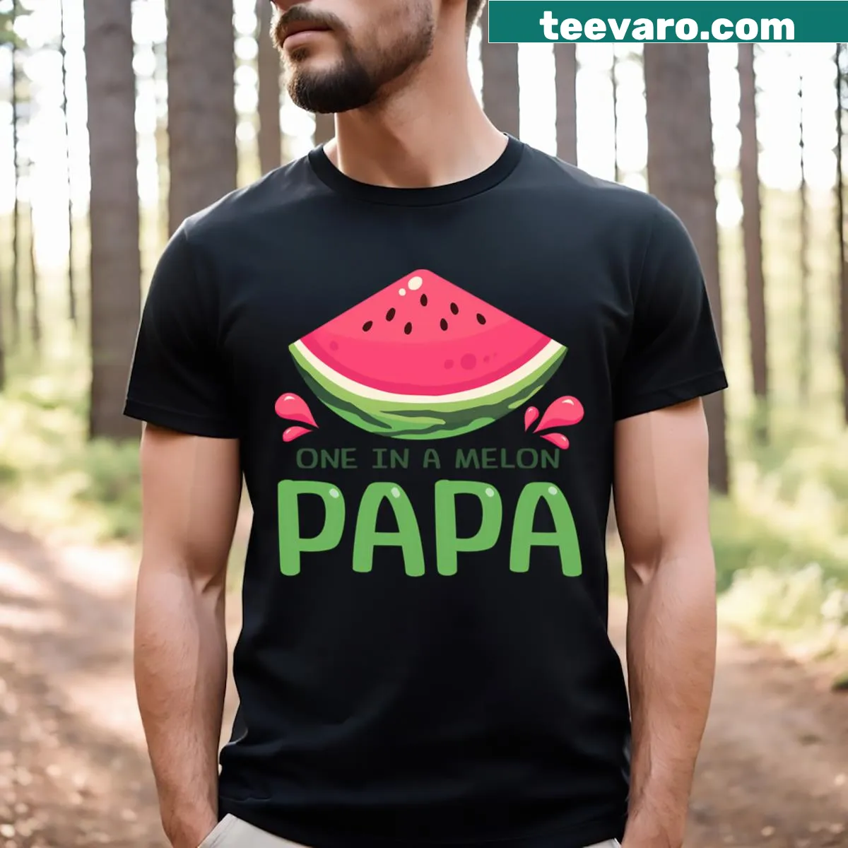 Cartoon fruit family design with 'One In A Melon' text — on a men's t-shirt