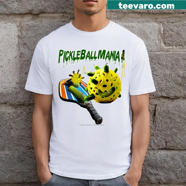 Illustrative T-shirt featuring a pickleball paddle and dillpickles