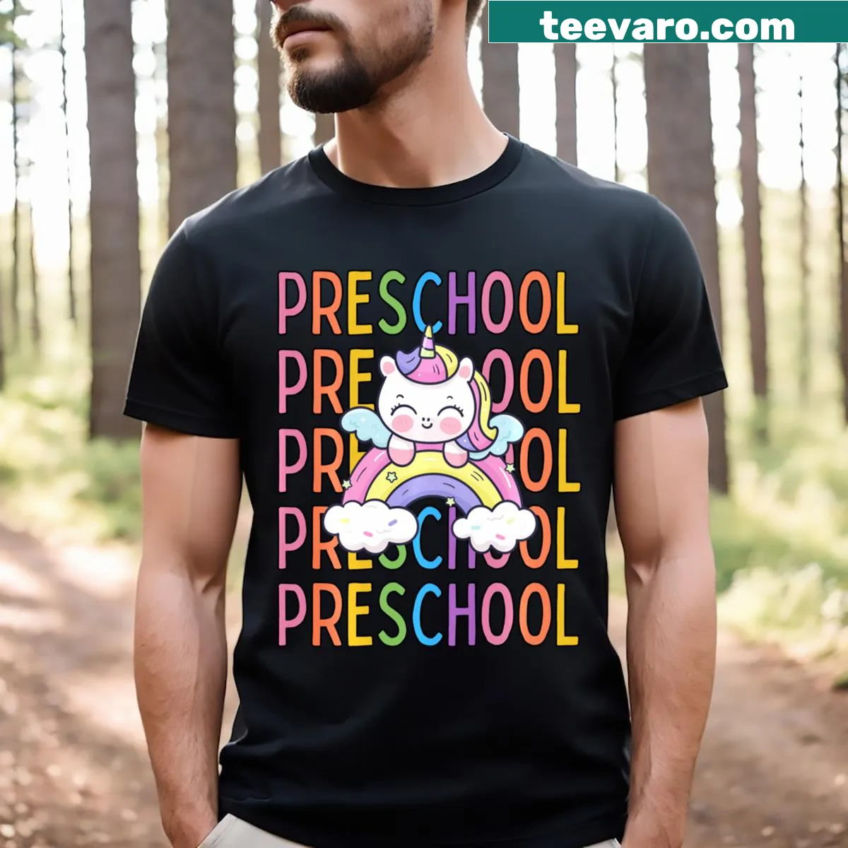 Illustration of a cute unicorn on a back-to-school t-shirt for girls. — on a men's t-shirt