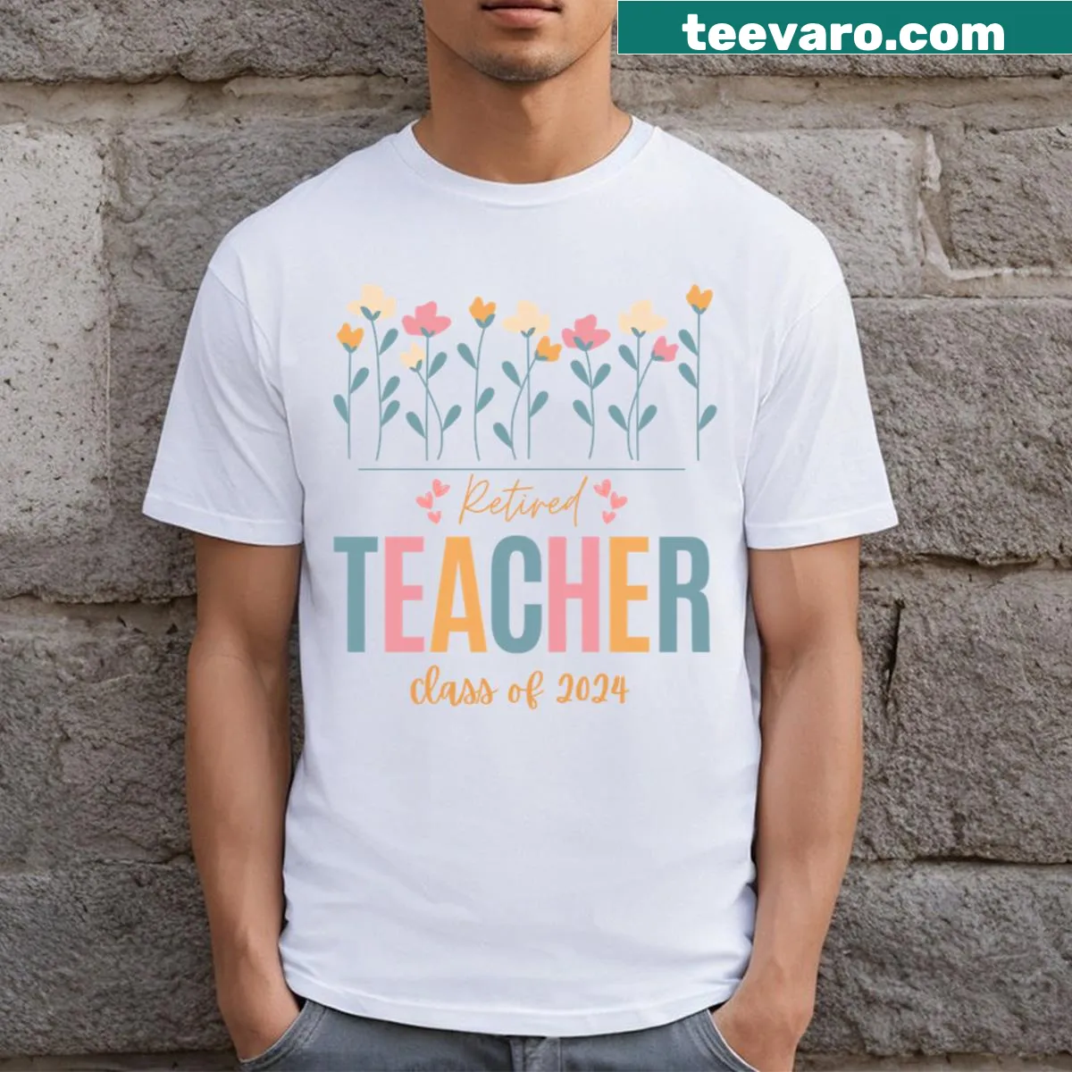 Floral retirement T-shirt for teachers with Class of 2024 text — on a men's t-shirt